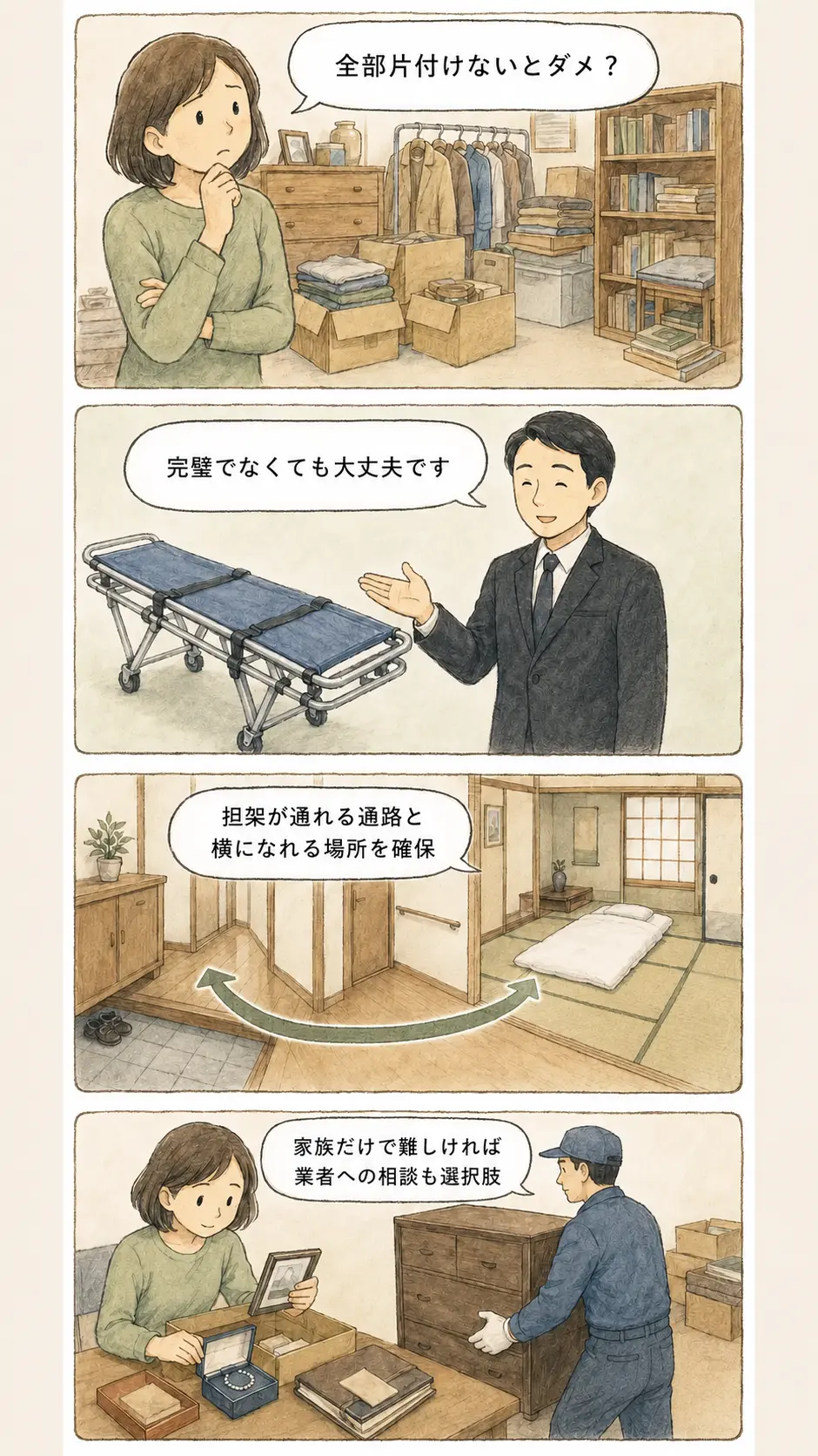 自宅安置に必要な担架の通路と、片付け業者へ相談する目安を説明する4コマ