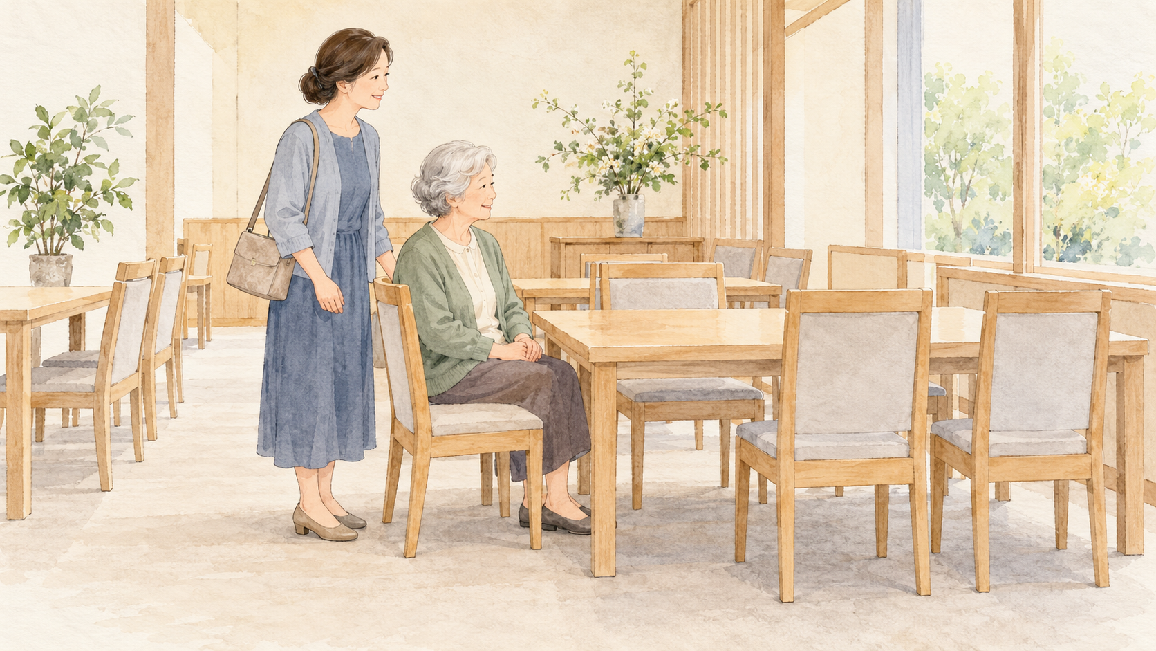 椅子席の会食会場で、座り心地と通路の広さを確かめる高齢の母親と娘のイラスト