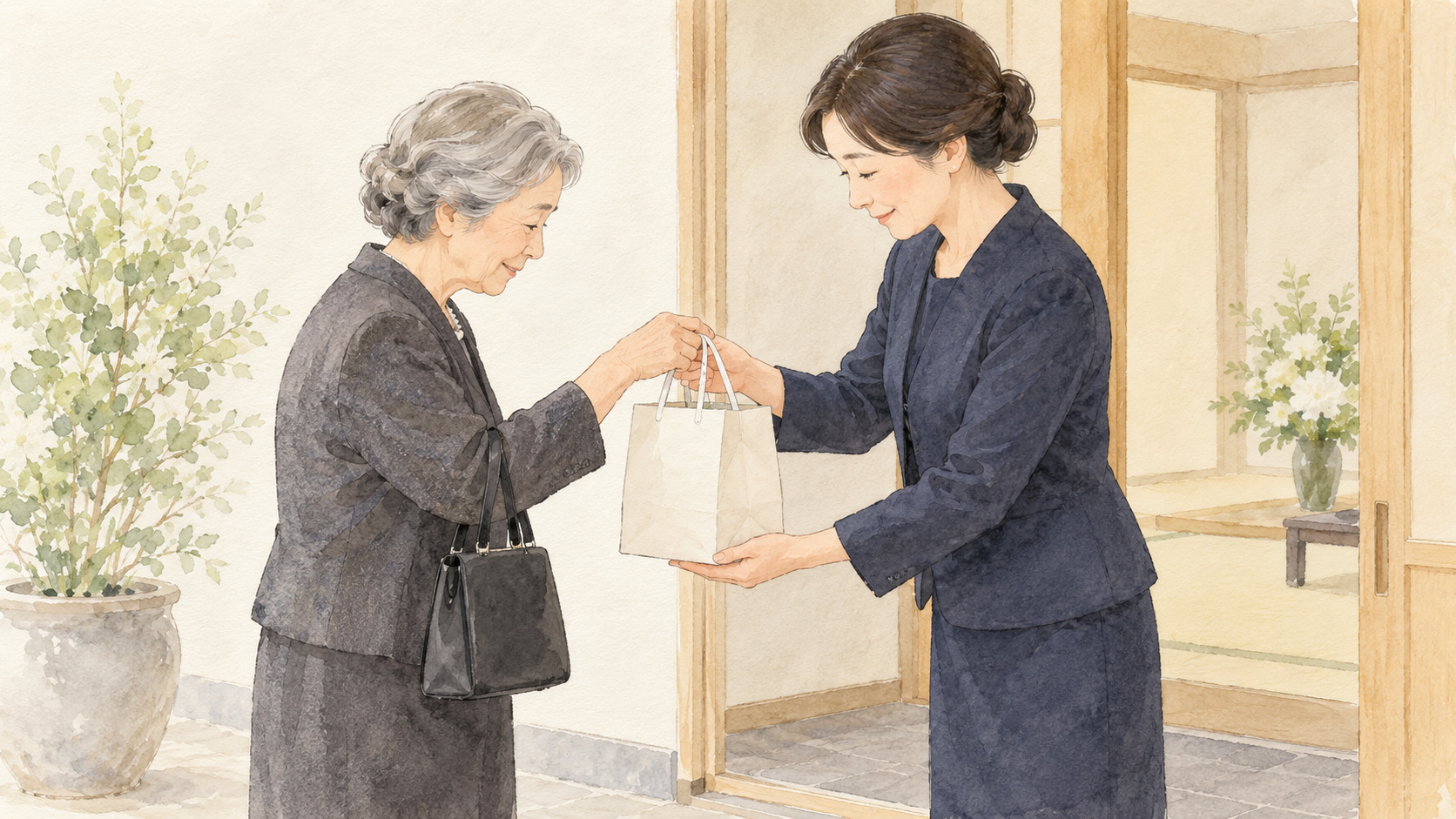 会食を省いた法事の帰り際に、持ち帰り用の袋を親族へ渡すイラスト