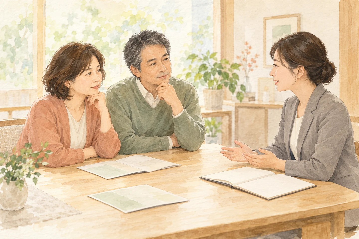 テーブルを囲み、相談員の説明を聞く家族の水彩イラスト