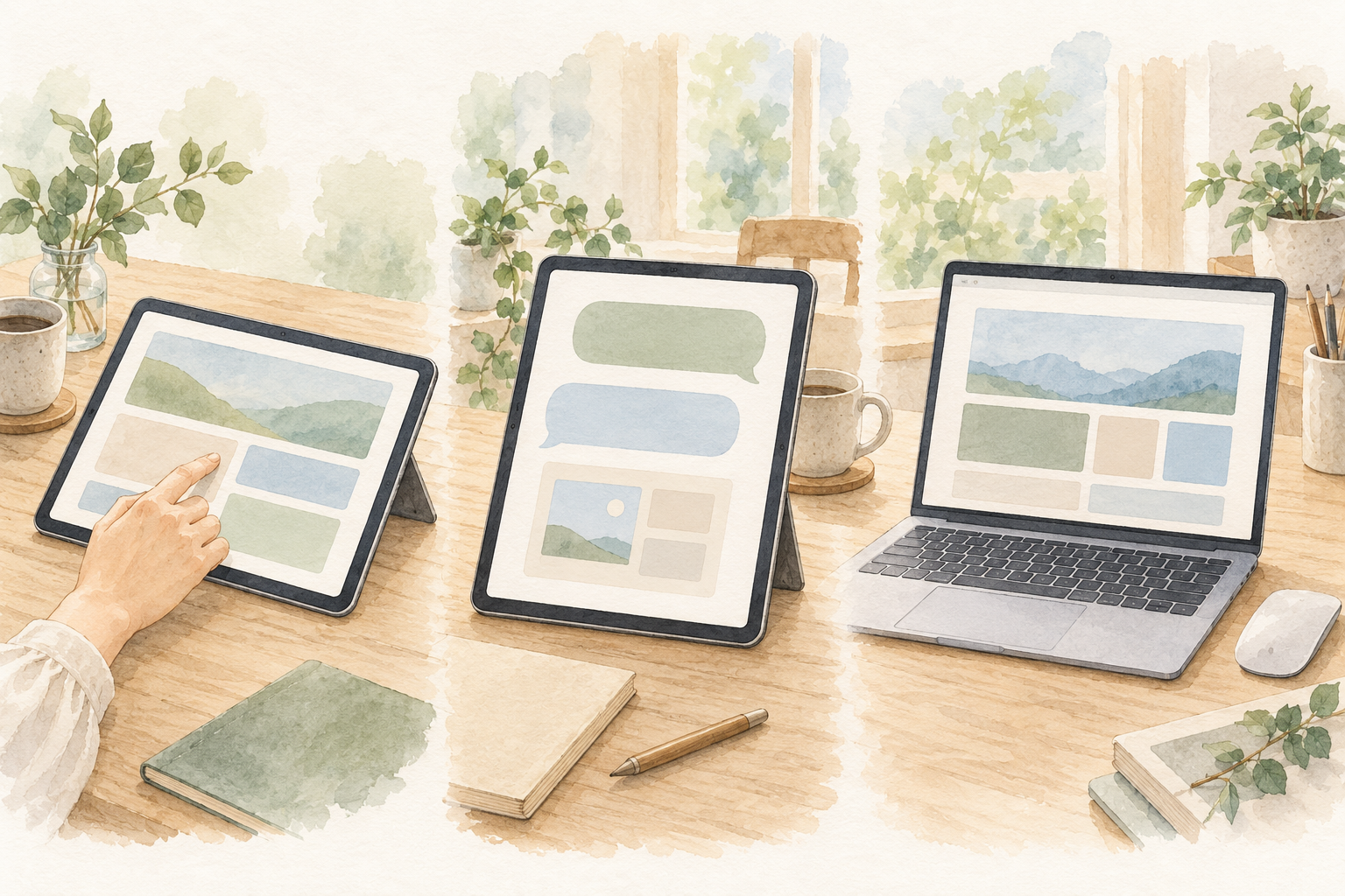 タブレットを直接操作する手、会話画面を表示したタブレット、ページを調整するノートPCを並べた水彩イラスト