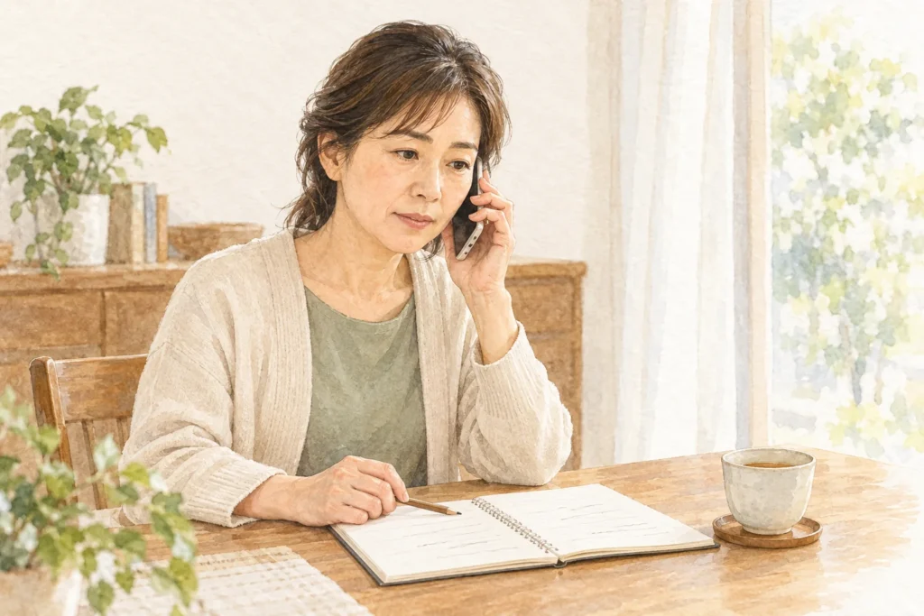 メモを手元に置き、葬儀社へ電話で相談する女性の水彩画
