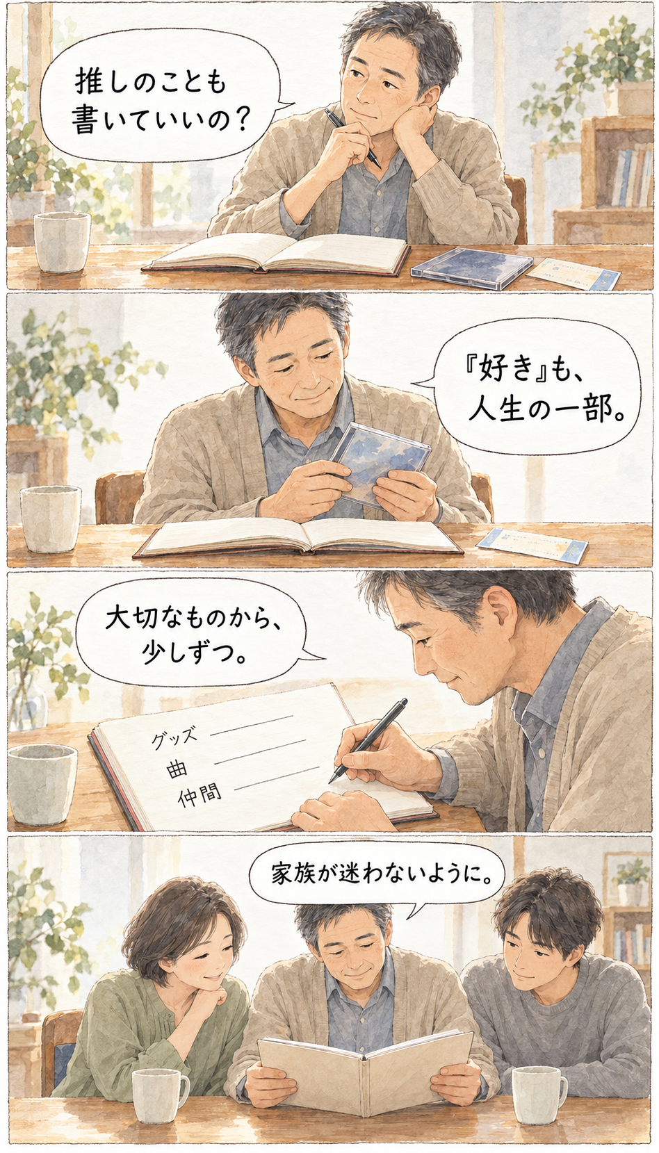 推しのグッズ・曲・仲間への希望をノートに書き、家族と共有する50代男性を描いた水彩風の縦4コマ